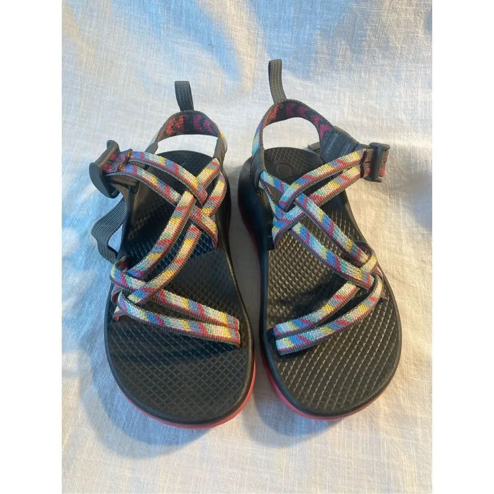Chaco Kids Black Footbed Sandals with Multicolor Webbing and Pink Midsole